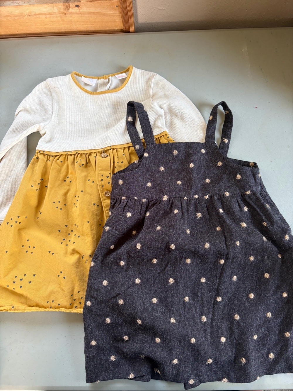 Girls' Mustard Yellow and Charcoal Polka Dot Layered Dress Set Zara brand